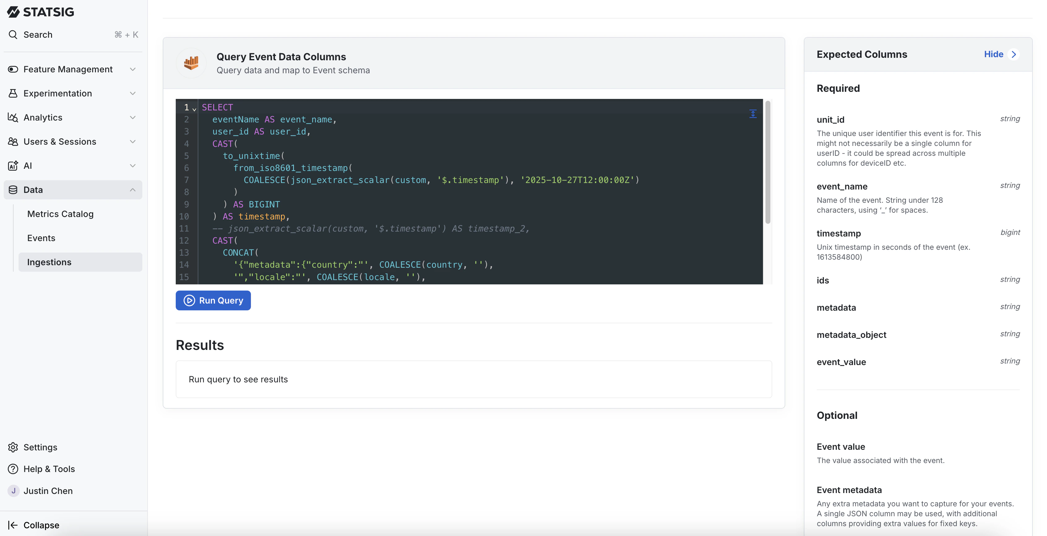 Query Event Data Columns interface showing SQL editor and expected columns panel
