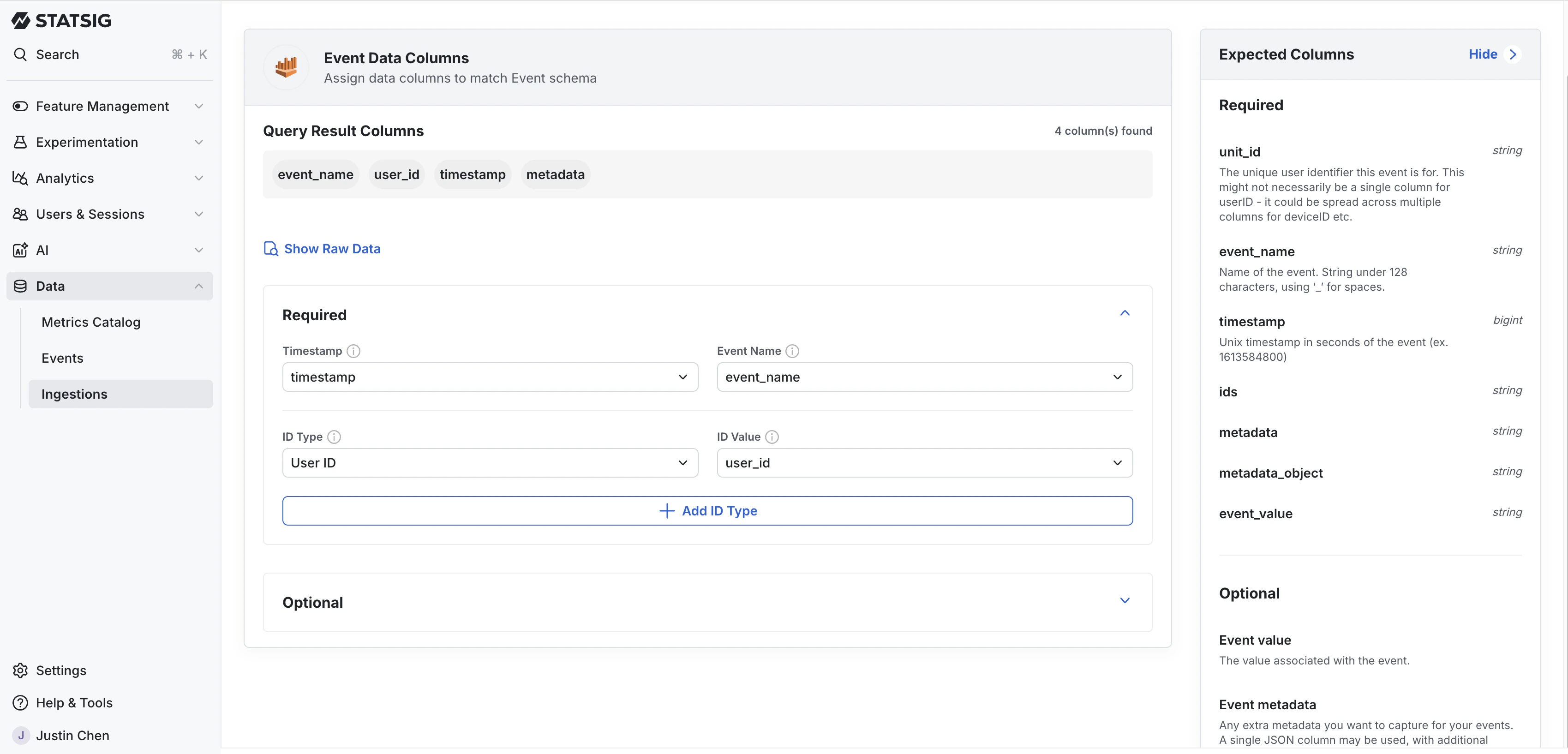 Event data column mapping workflow with required fields for timestamp, event name, and user ID