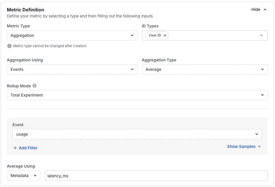 Latency metric configuration screen