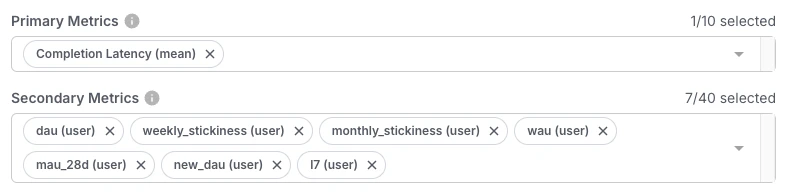 Primary metrics configuration screen