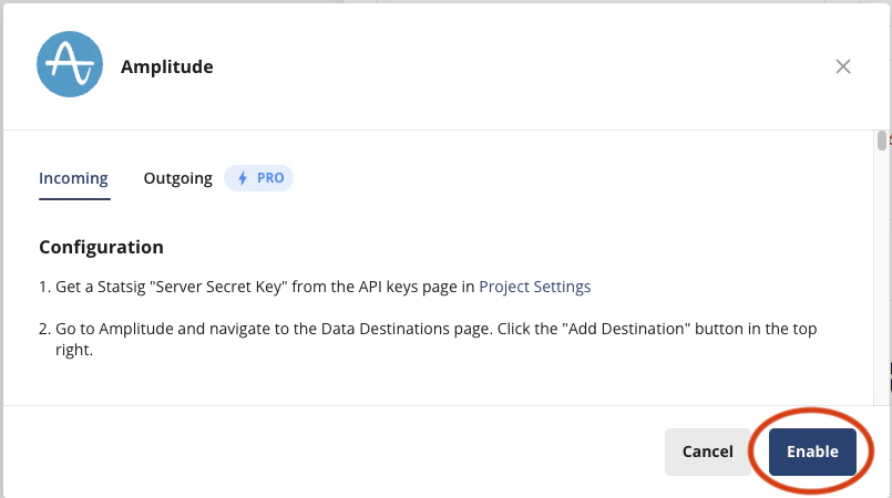 Statsig integration panel confirming Amplitude connection