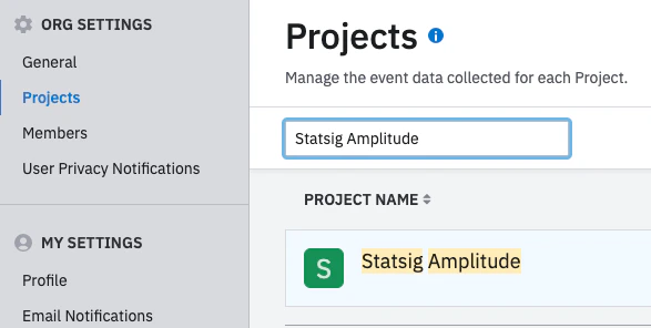 Amplitude Projects tab listing available workspaces