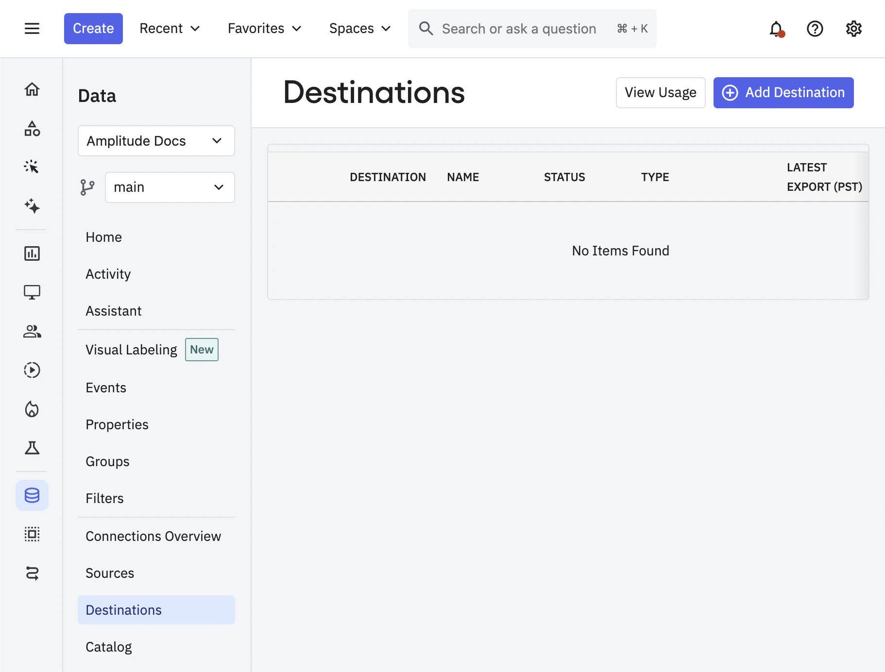 Amplitude Data Destinations page showing Add Destination button