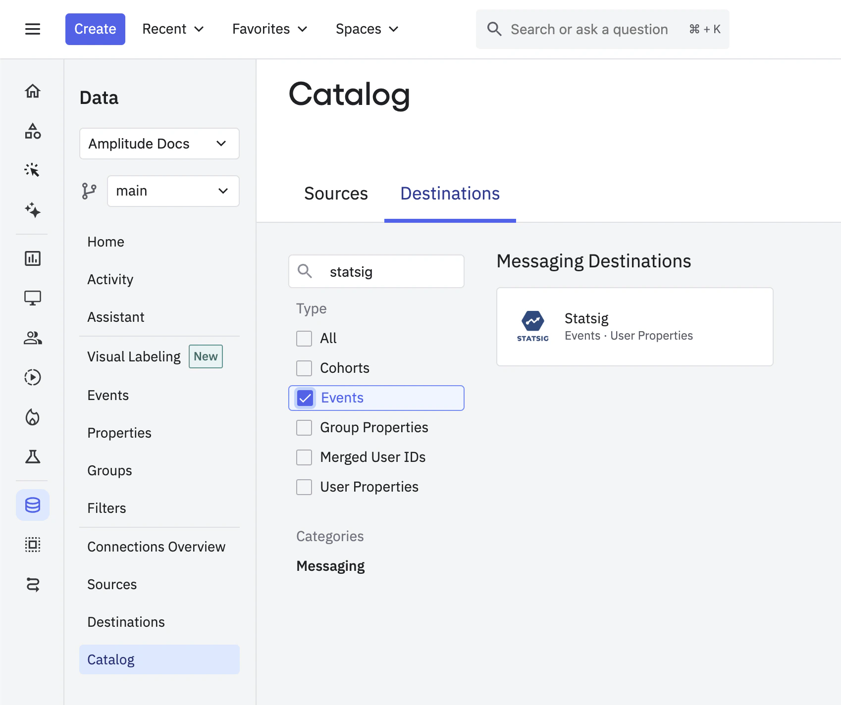 Destinations catalog highlighting Statsig event streaming option