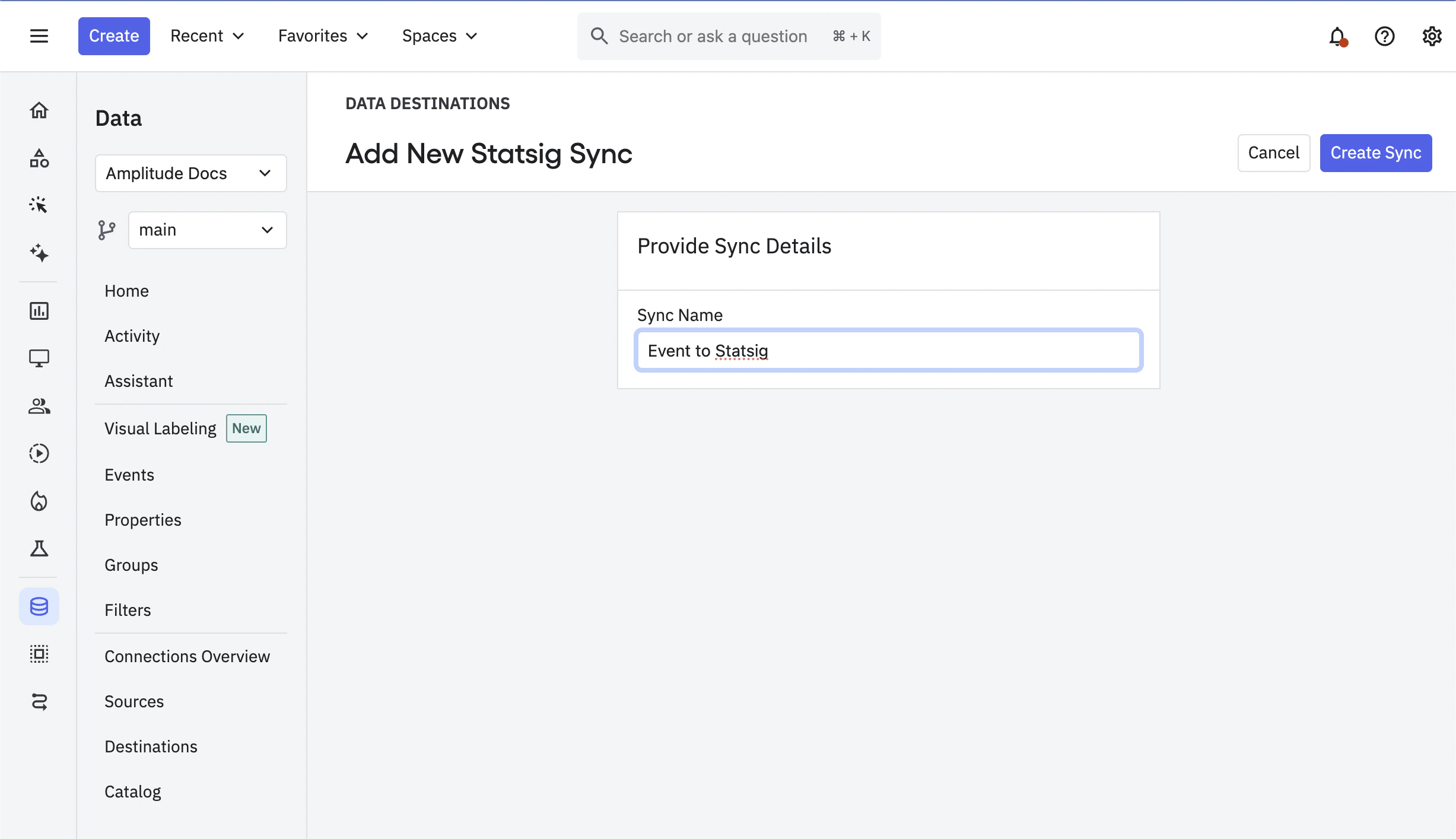 Create Sync form for Statsig destination
