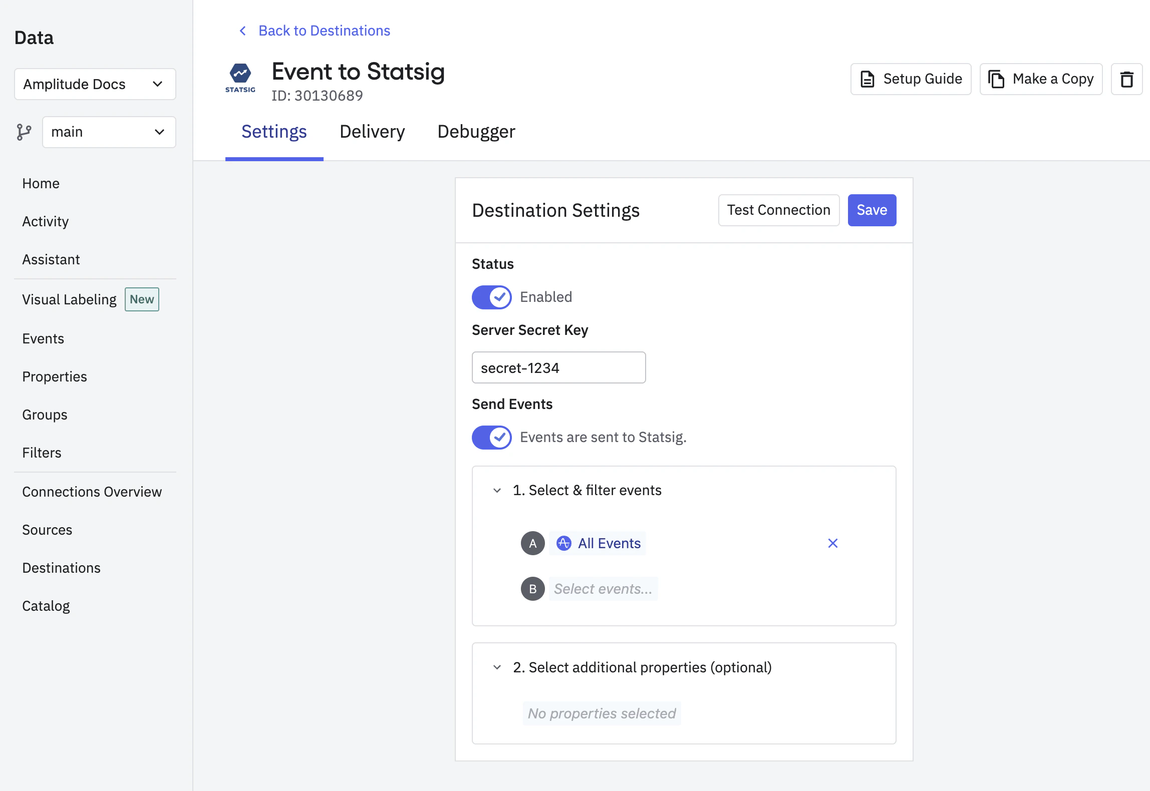 Statsig destination settings entering server secret key and event selection