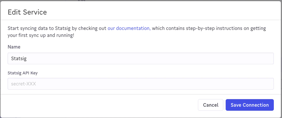 Census destination setup form with Statsig secret key input