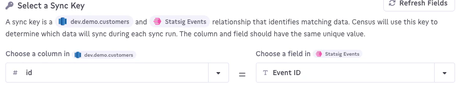 Census sync configuration showing sync key selection