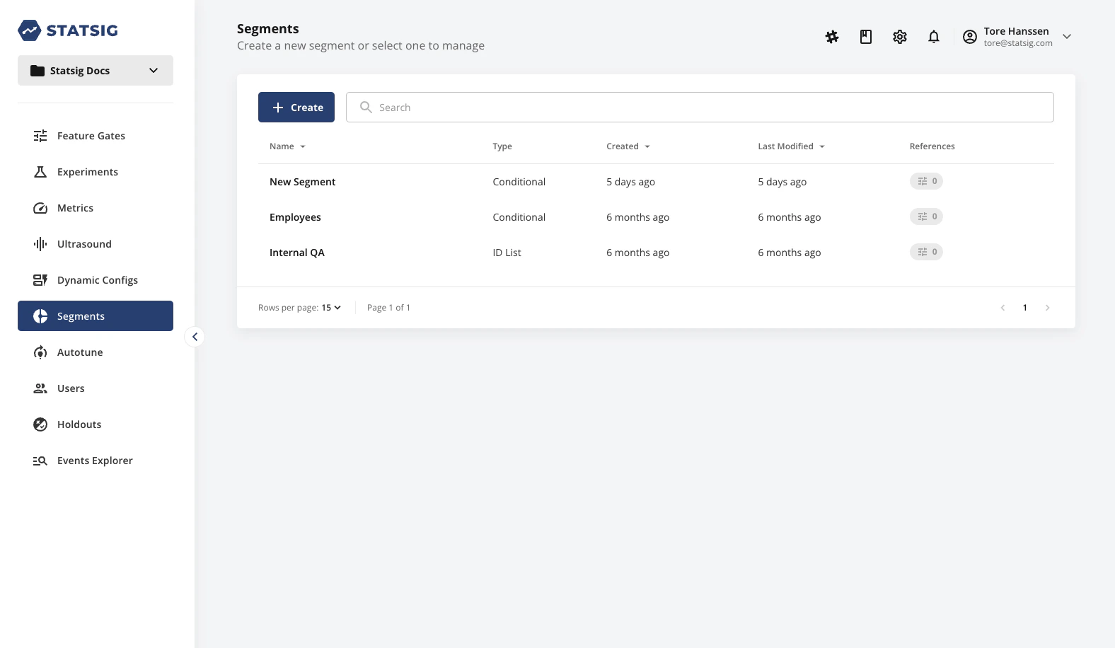 Segments tab showing list of existing conditional and ID list segments