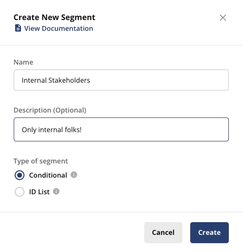 Create new segment modal with Internal Stakeholders name entered