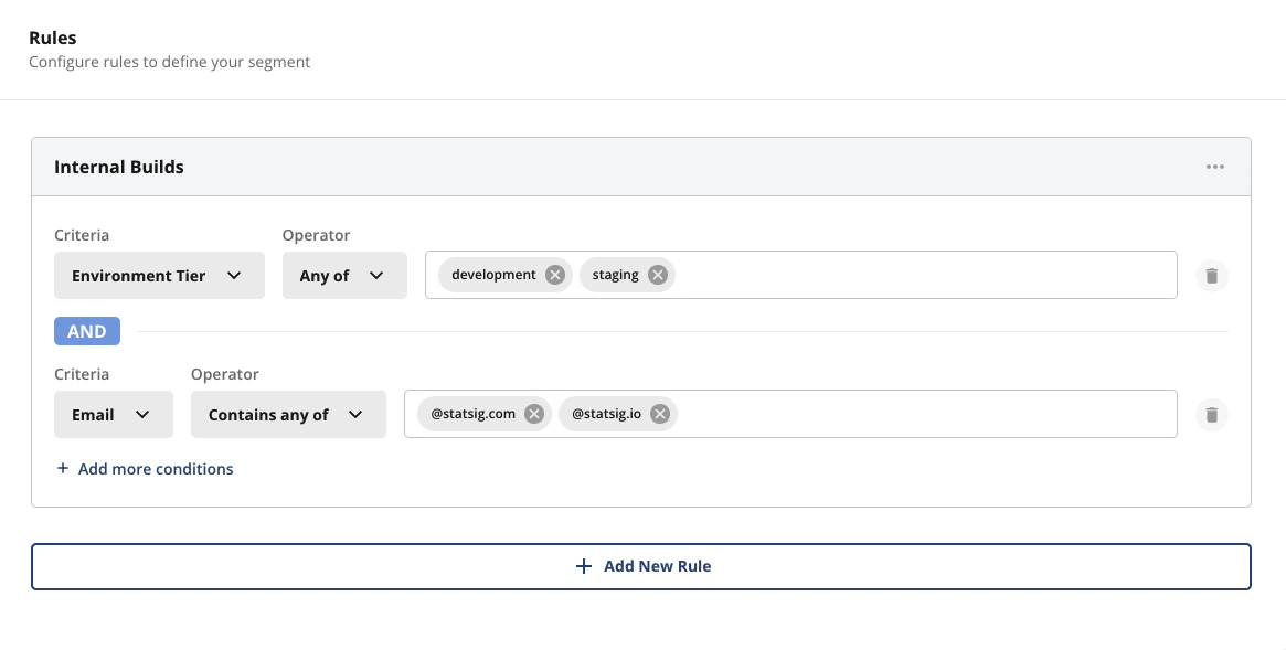 Segment rules summary showing environment tier and email conditions combined