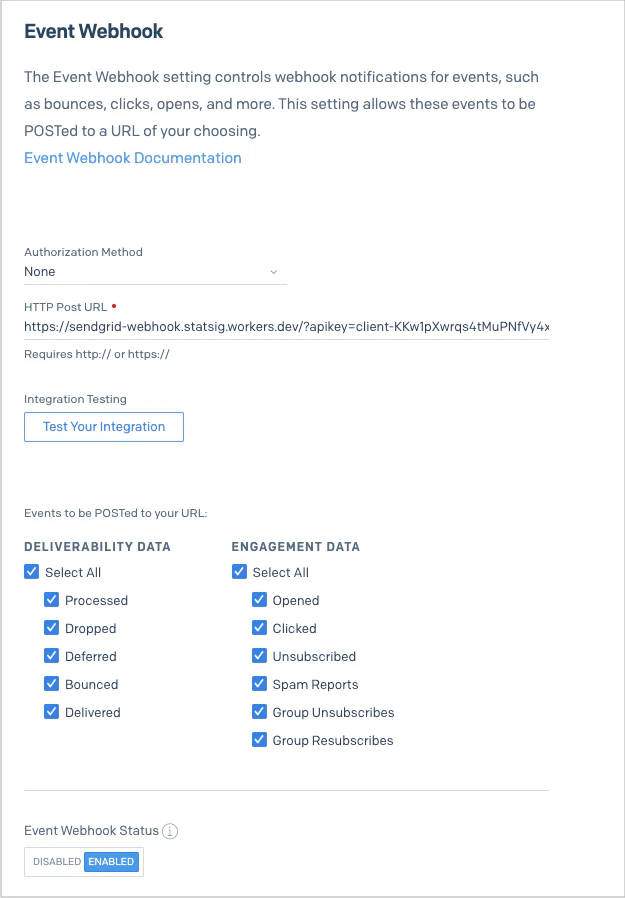 SendGrid webhook configuration