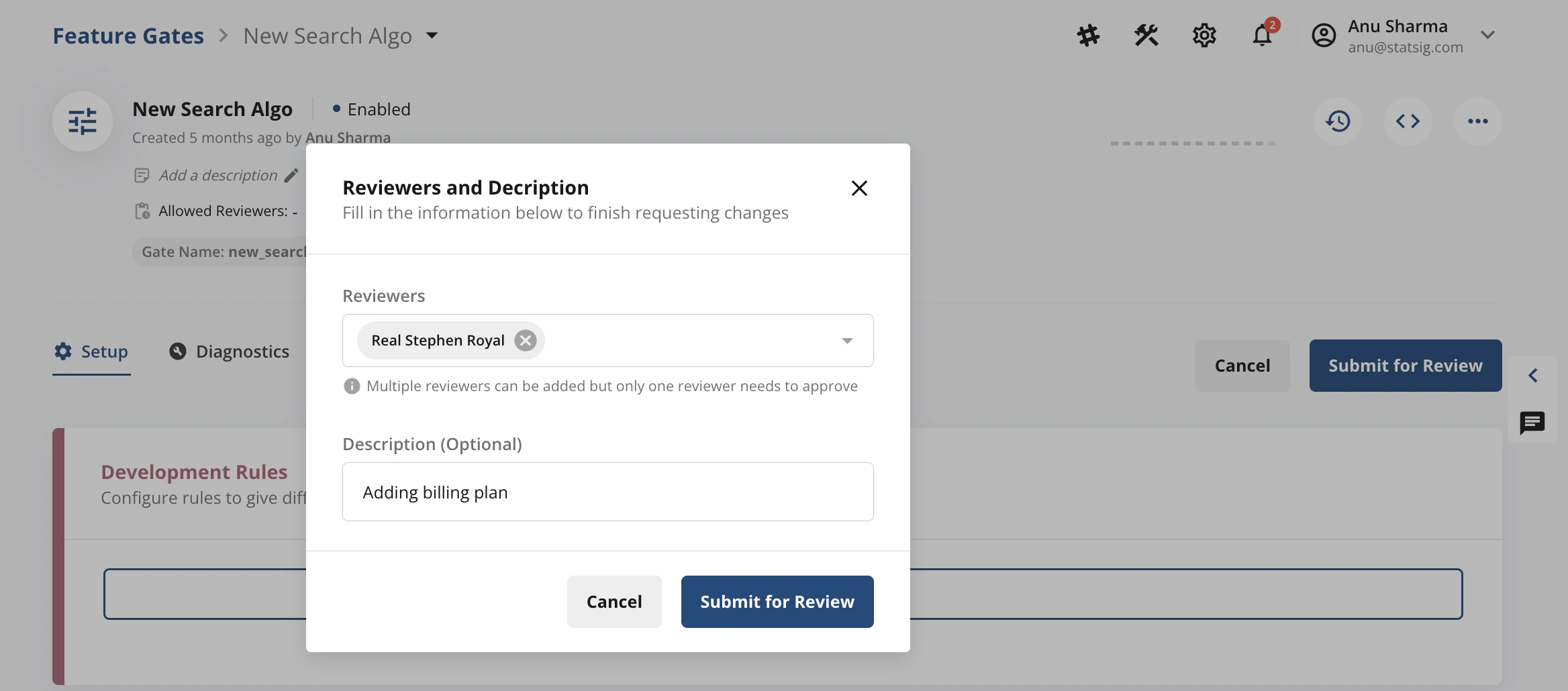 Submit for Review modal prompting for reviewer selection