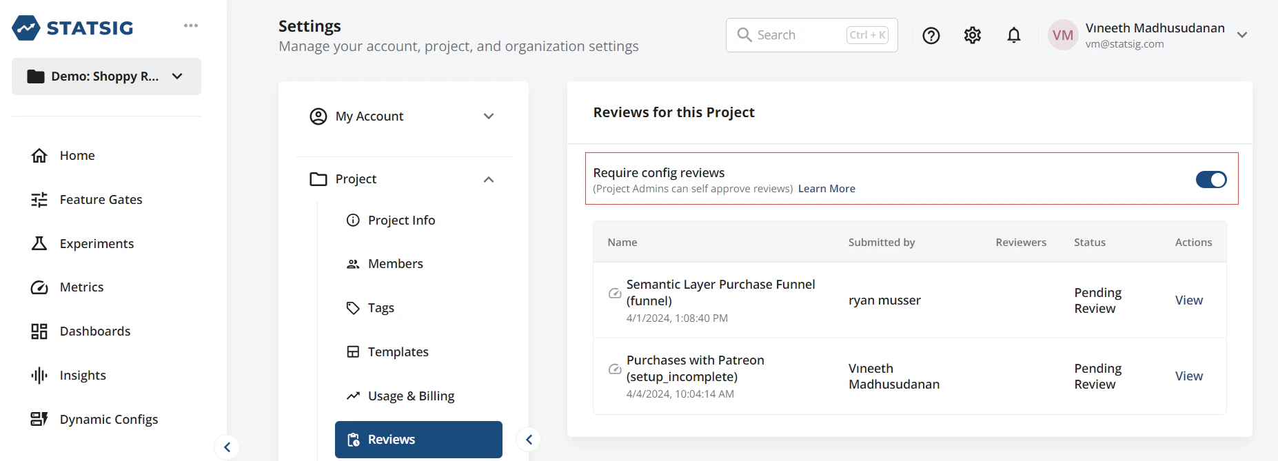 Project settings reviews configuration interface
