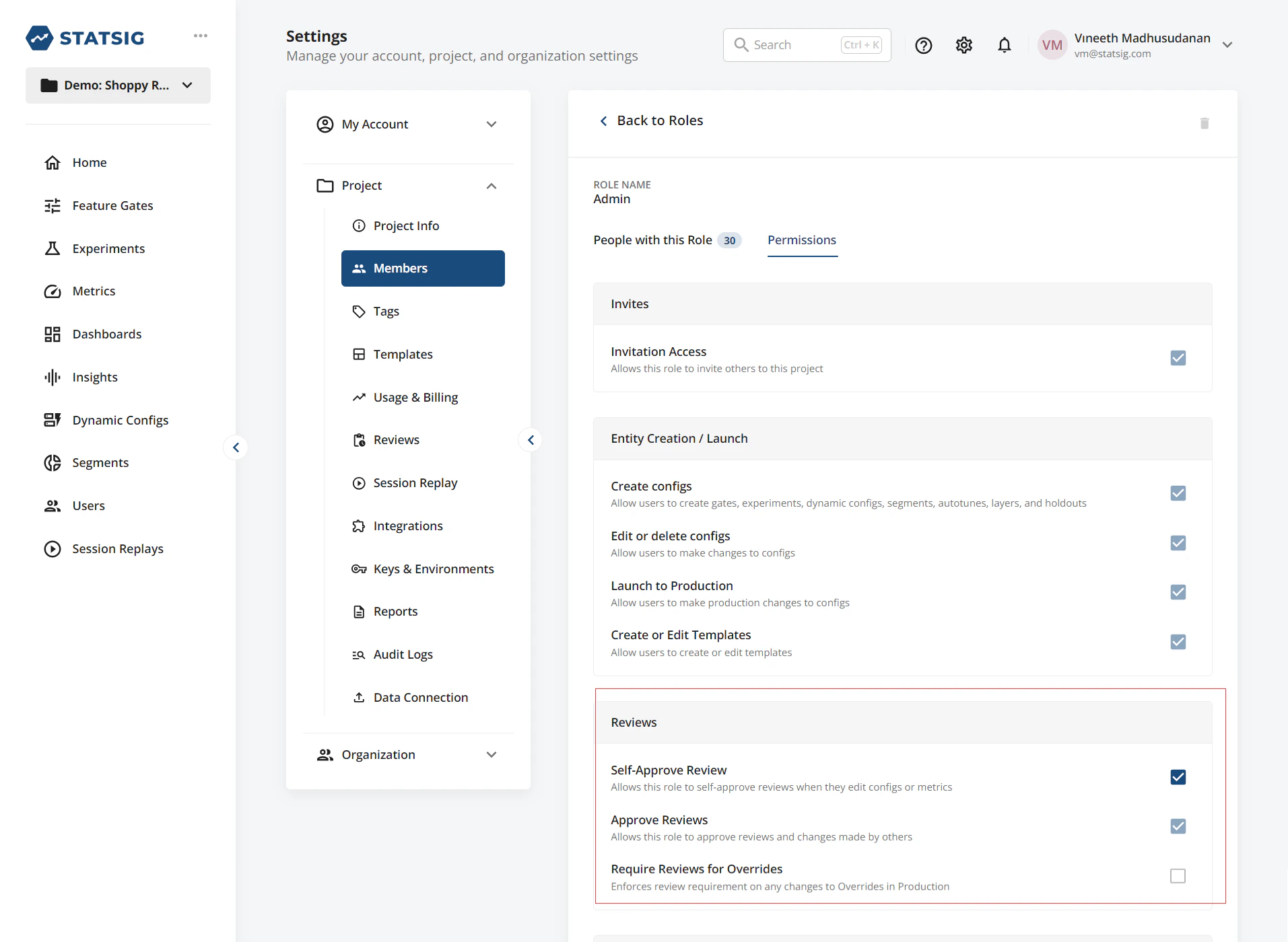 User role permissions configuration screen