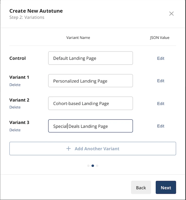 Autotune experiment variant configuration interface