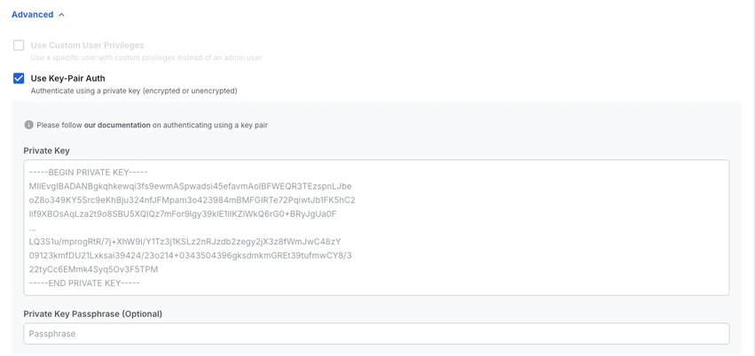 Private key authentication configuration interface