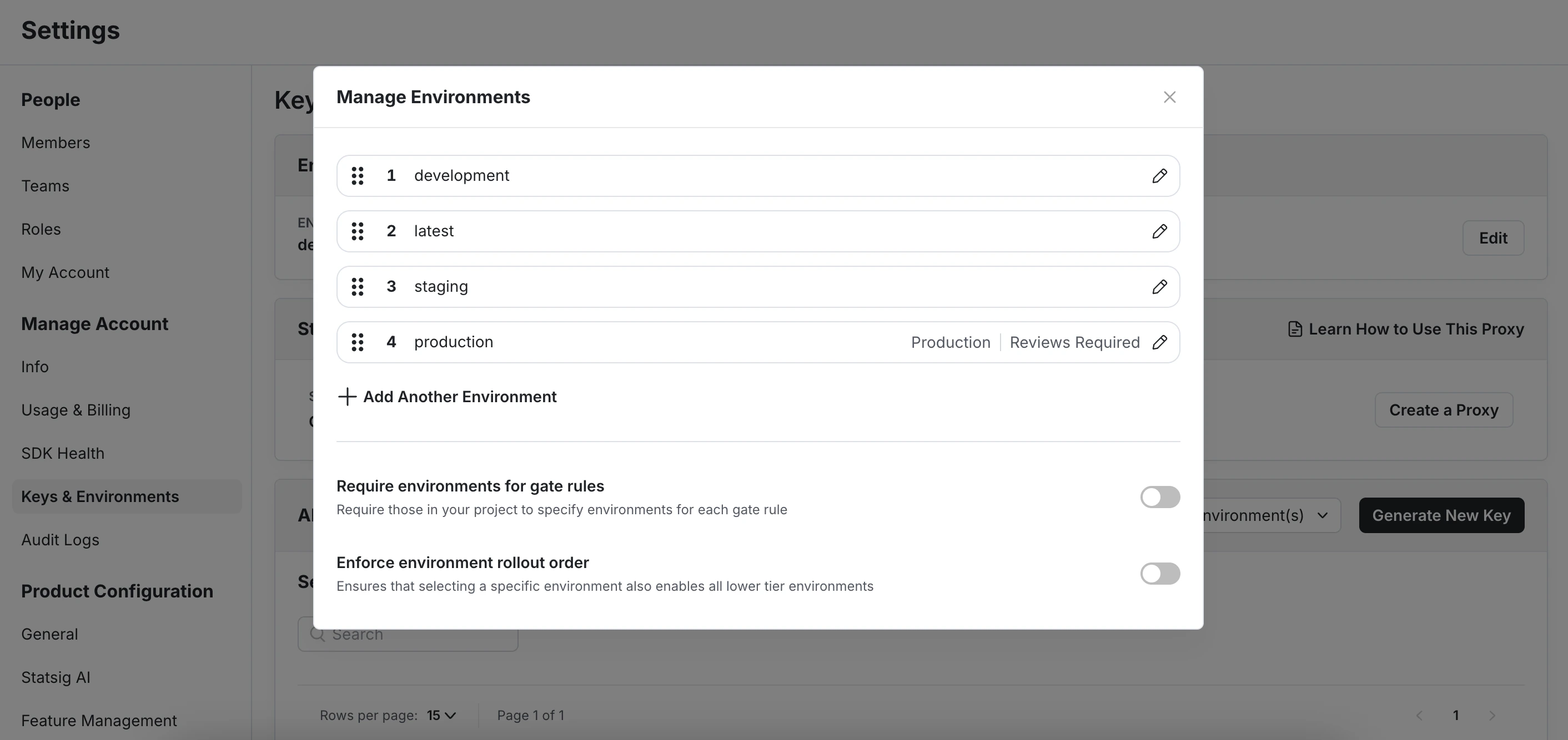 Manage environments dialog with environment list and review settings