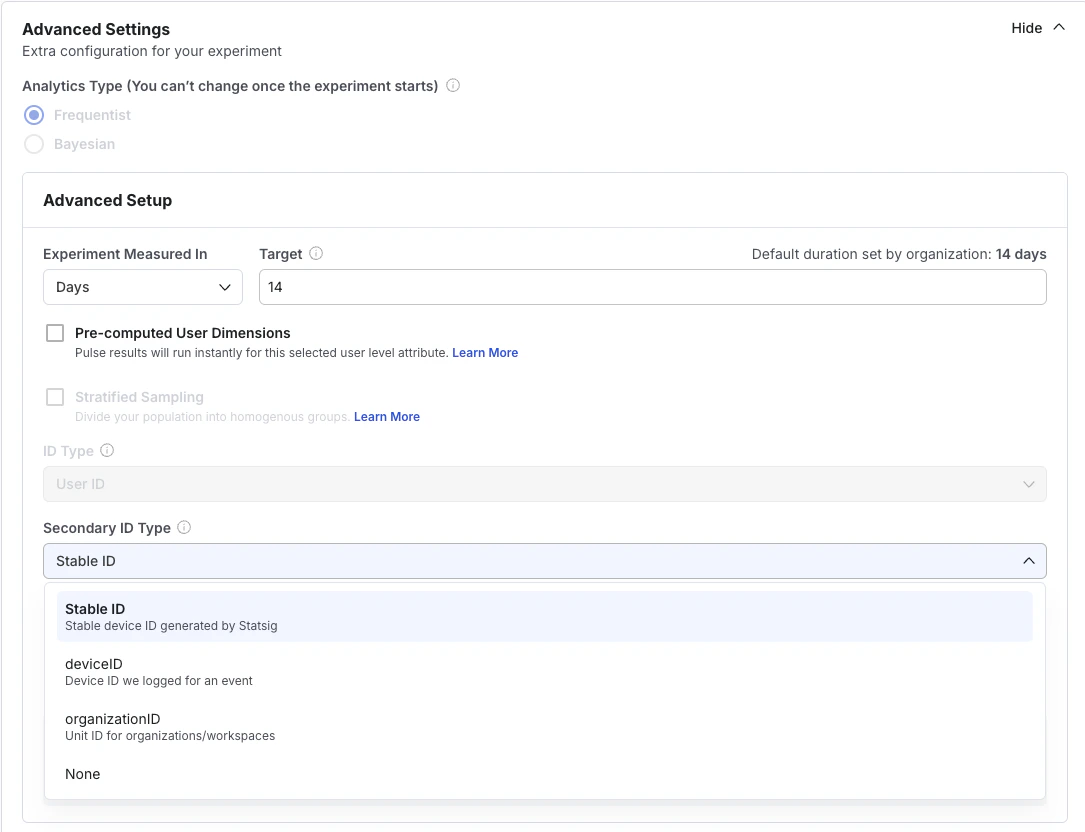 Experiment setup advanced settings selecting secondary ID
