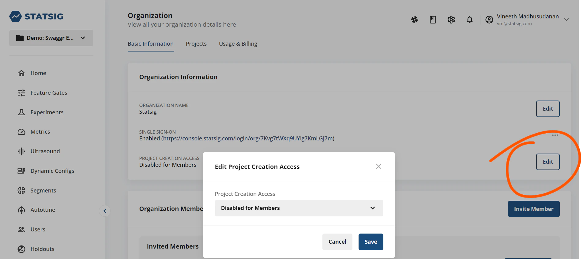 Project access restriction settings