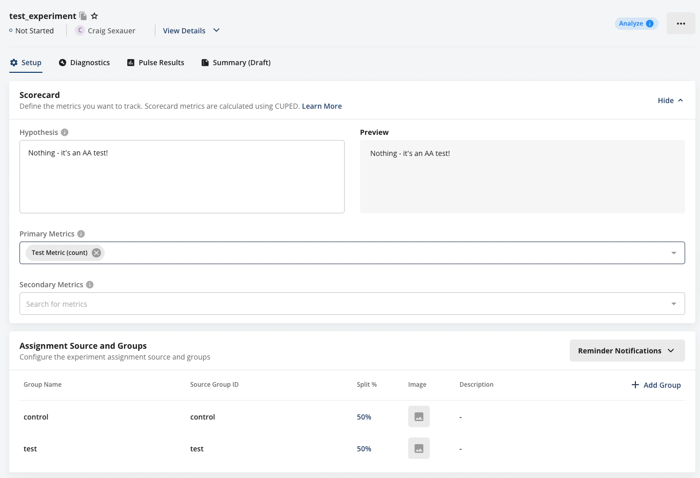 Experiment setup selecting metrics and group split