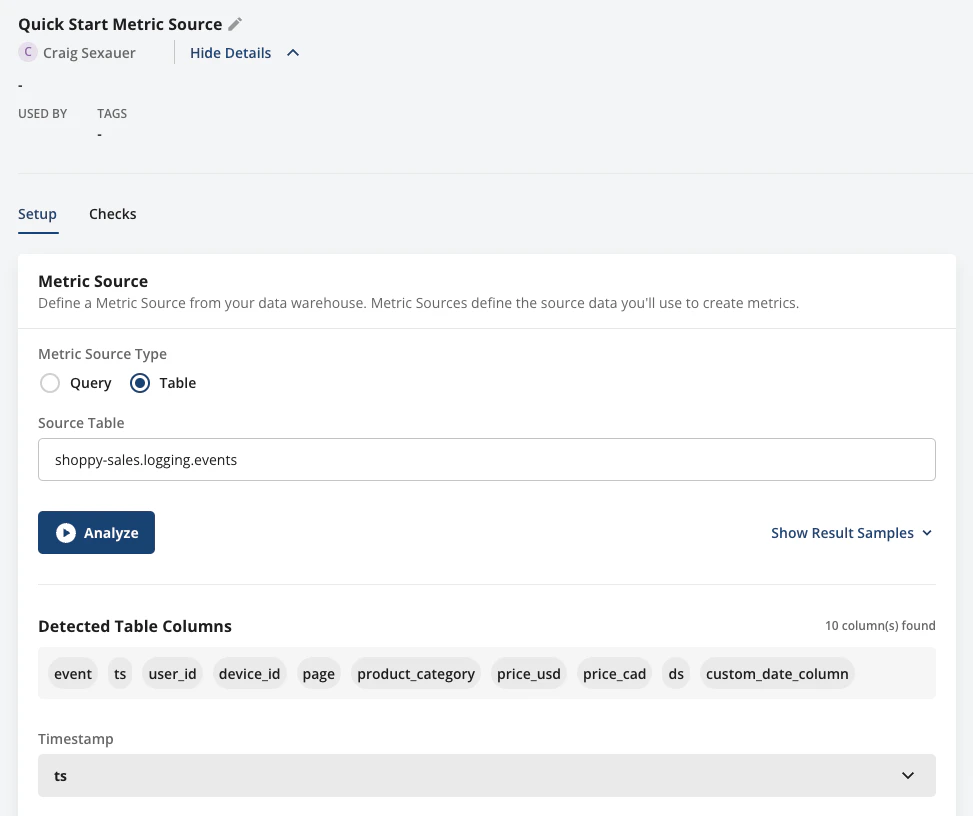 Metric source configuration mapping timestamp and user ID