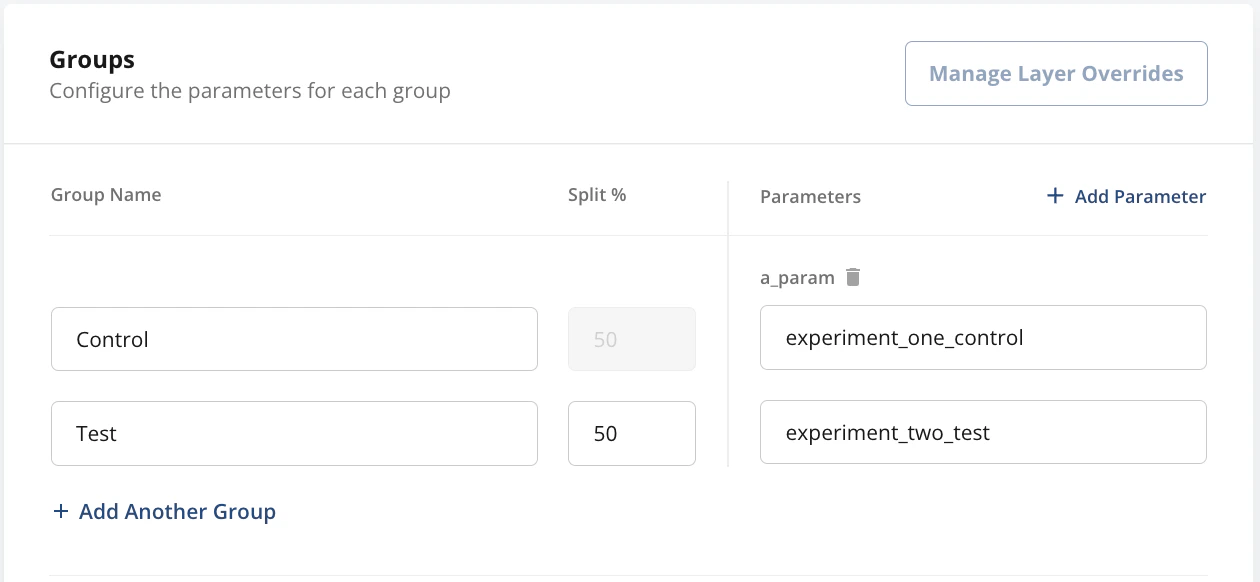 Experiment parameter table comparing control and test values for a_param