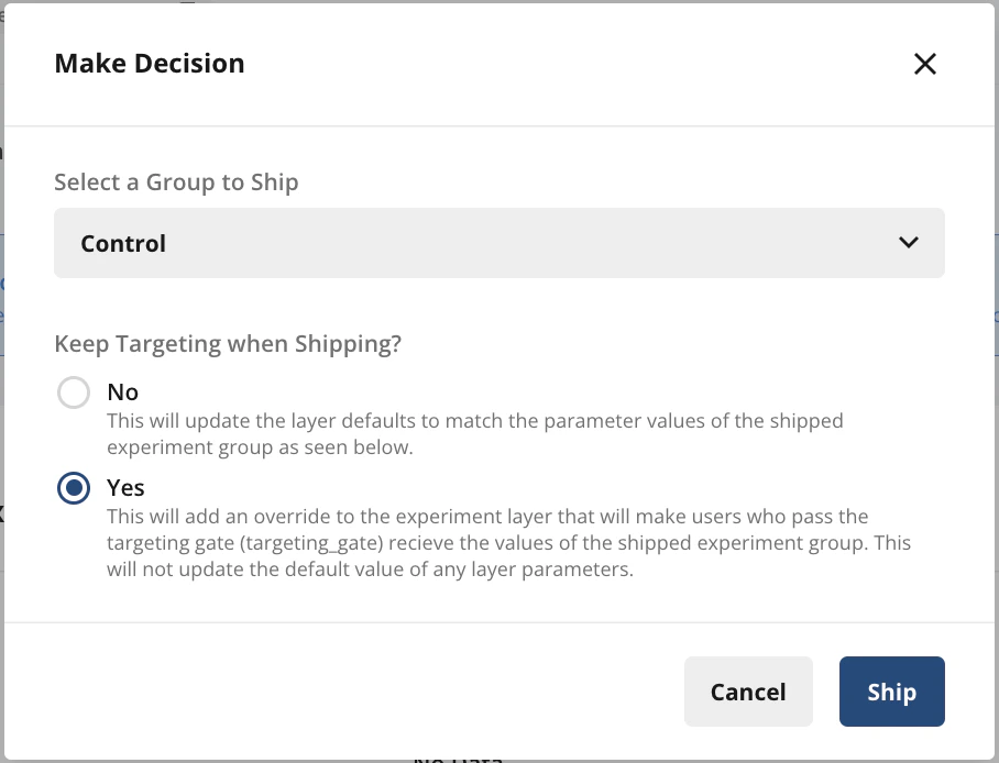 Layer override showing targeted users receiving shipped parameter while others keep default