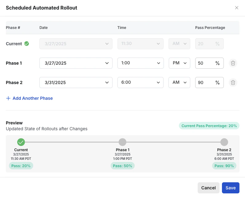 Automated rollout phases configuration dialog