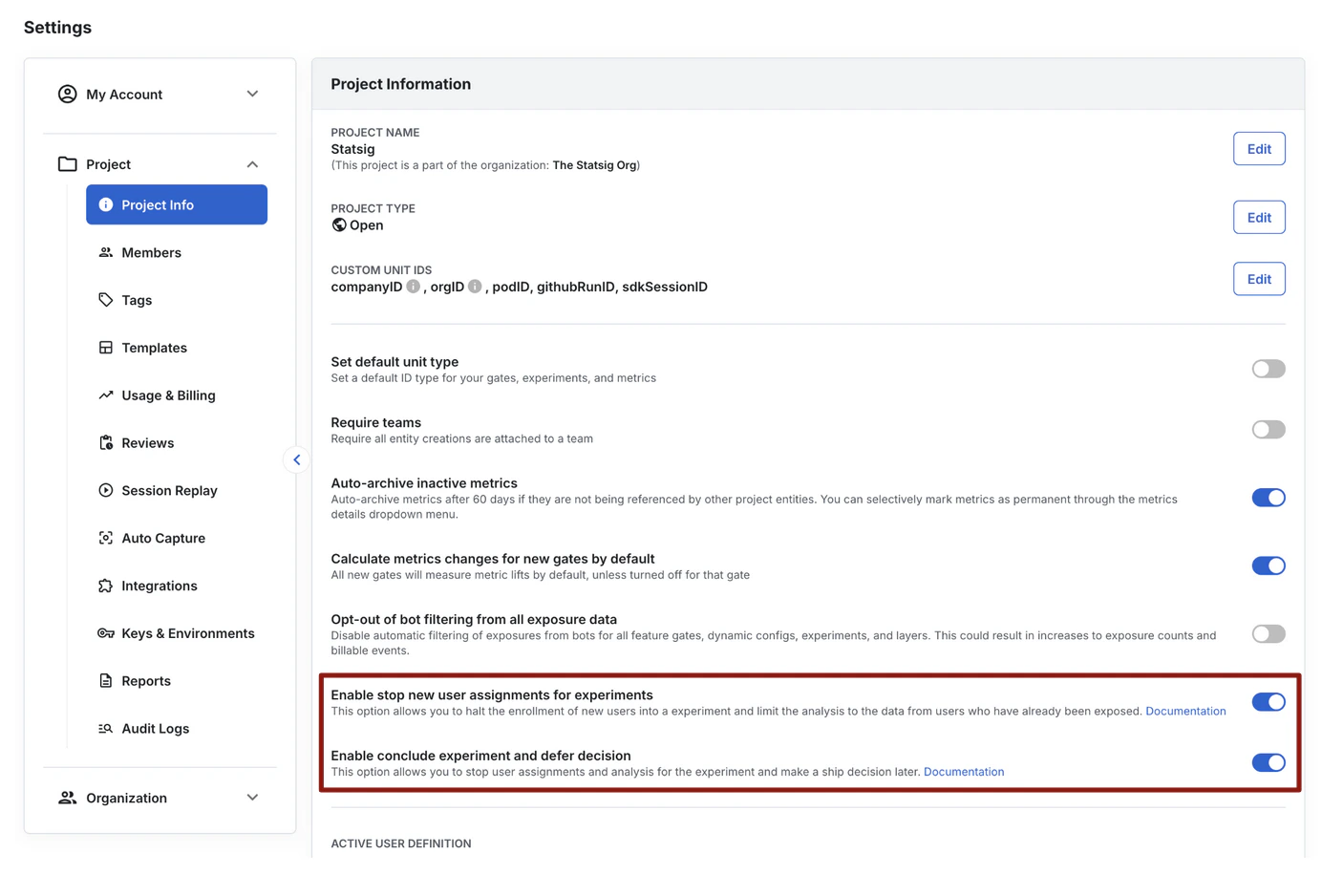 Project settings toggle to enable stop new user assignments