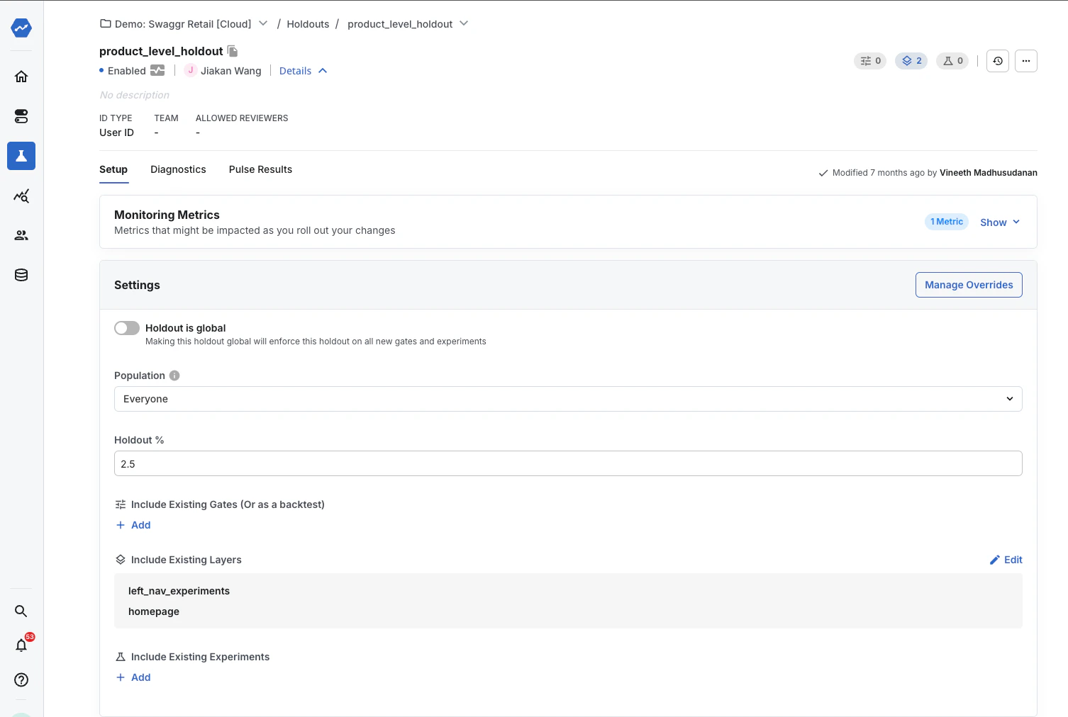 Holdout configuration settings