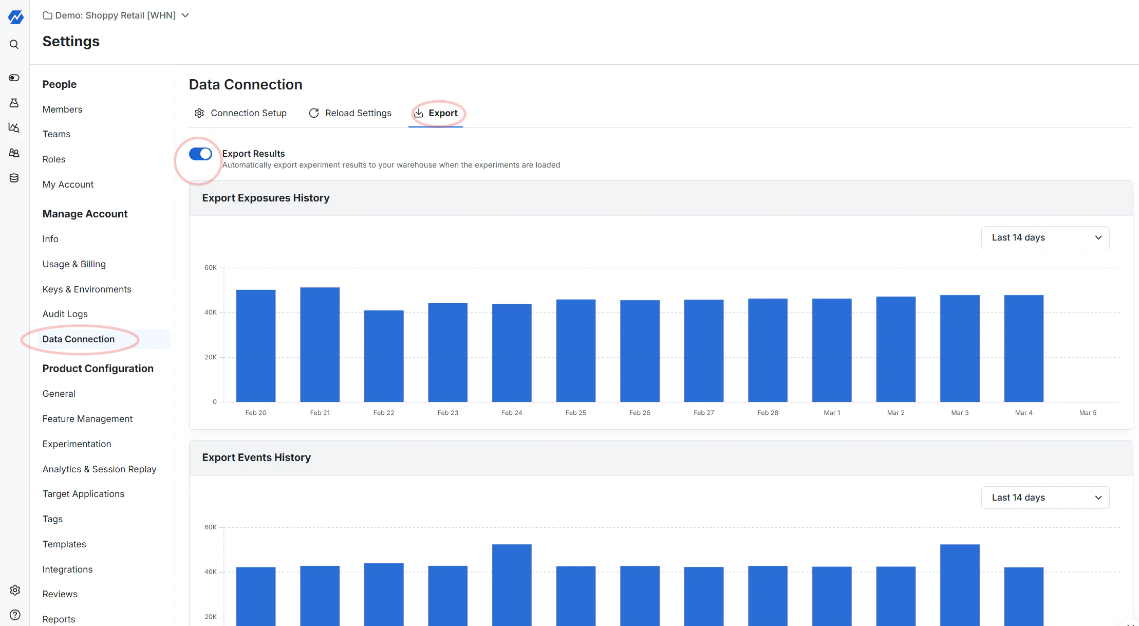 Project settings data connection export interface