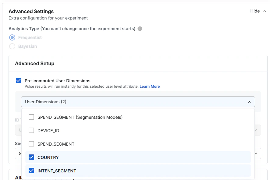 Experiment setup page with pre-computed user properties configuration