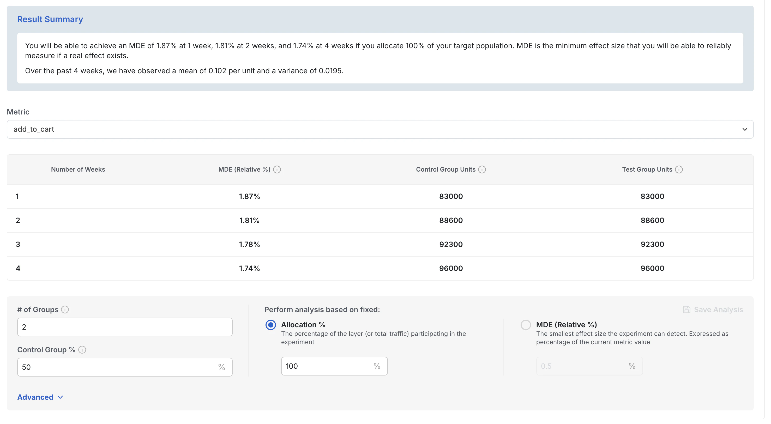 Power analysis results showing adjustable parameters
