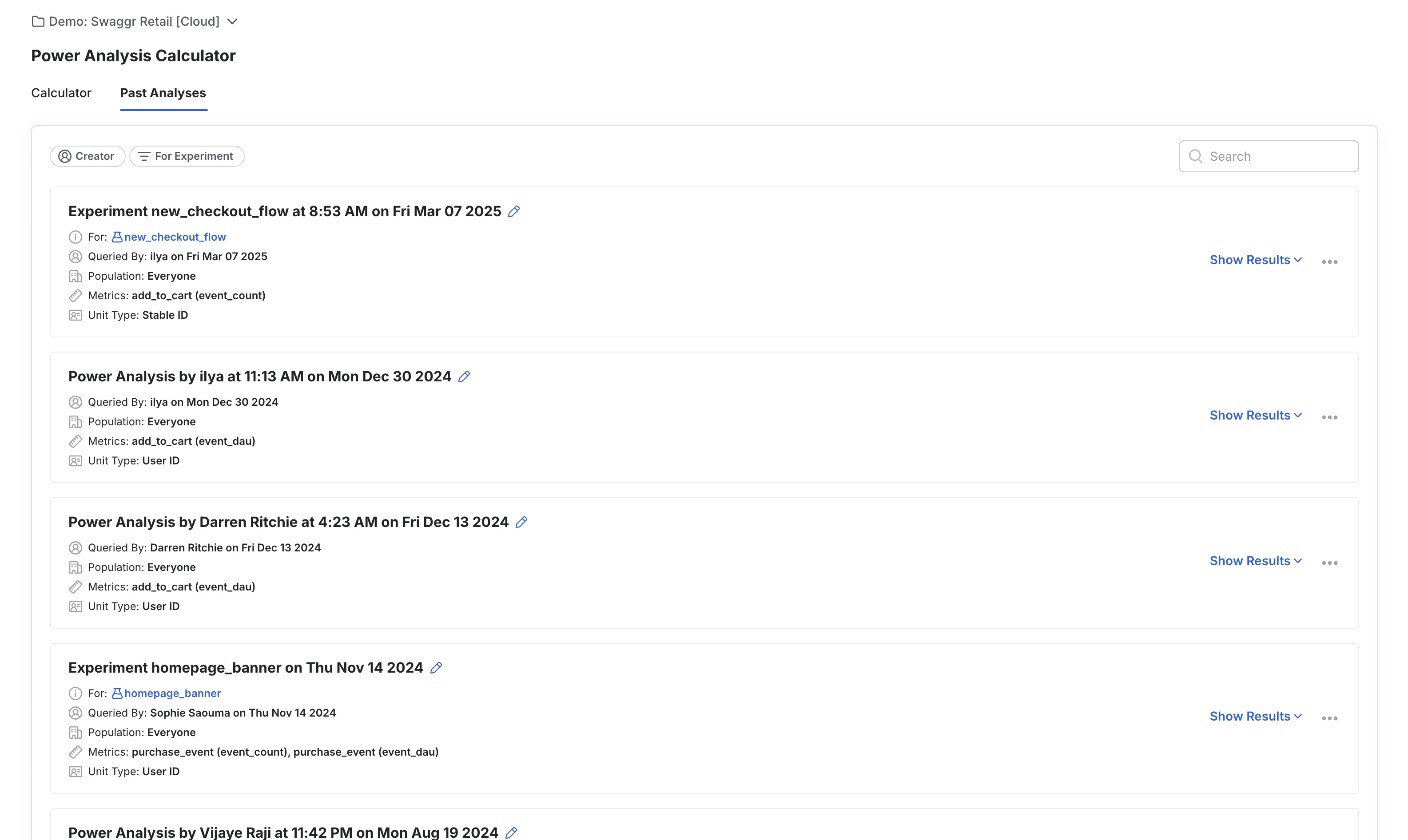 Past power analyses list