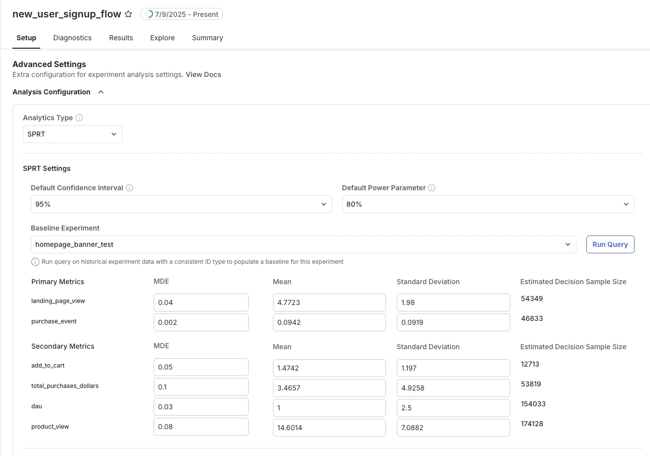 SPRT power analysis configuration interface