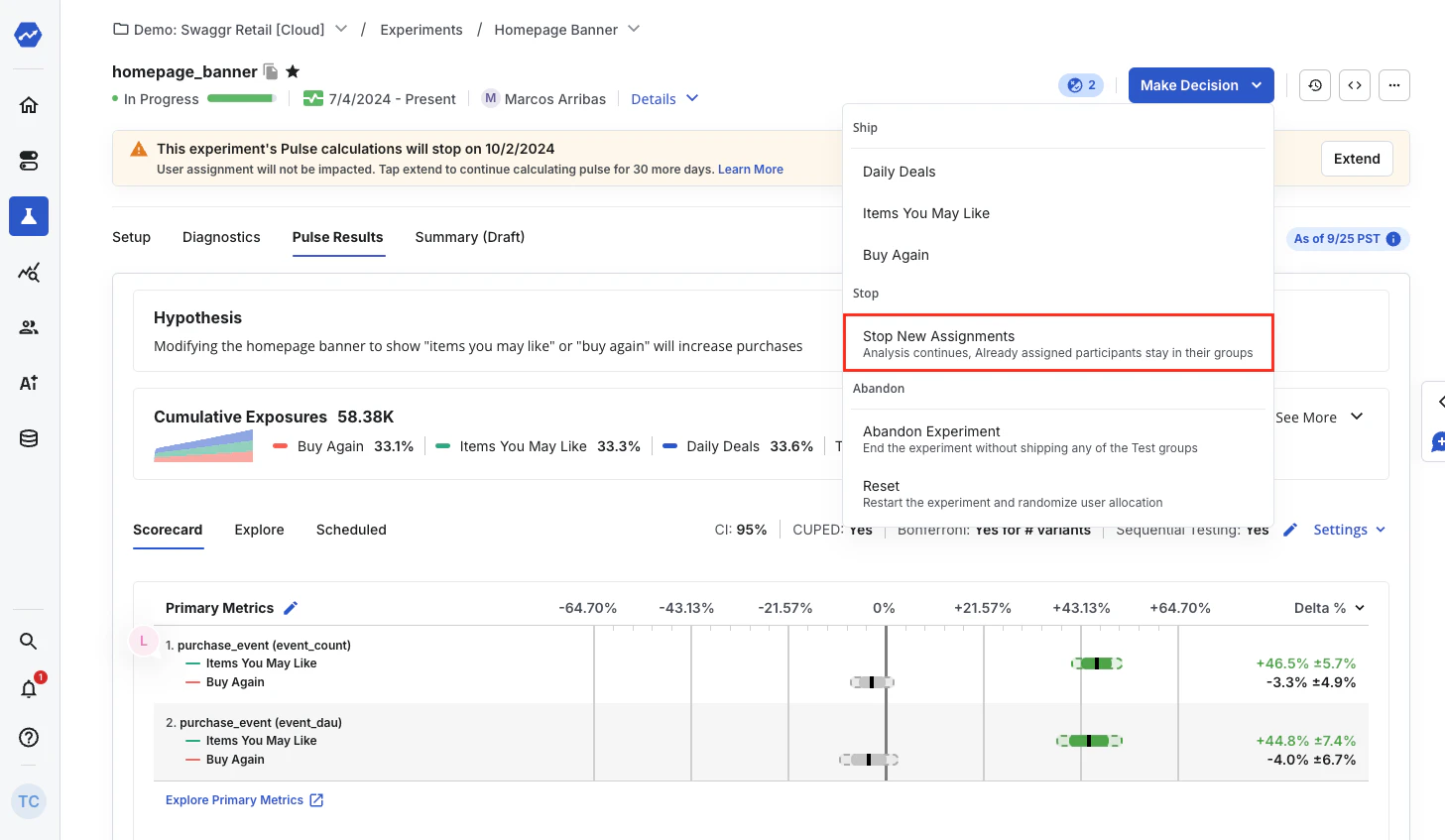 Make Decision dropdown highlighting Stop Assignment option
