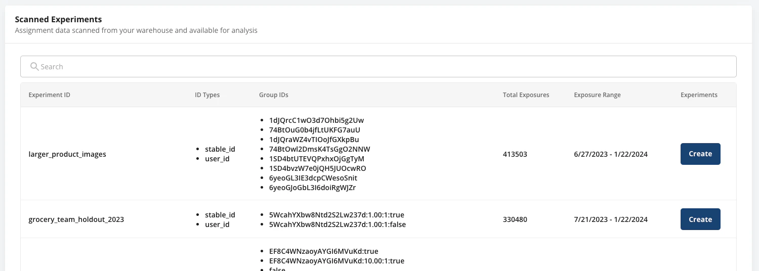 Assignment source scan results showing detected experiments