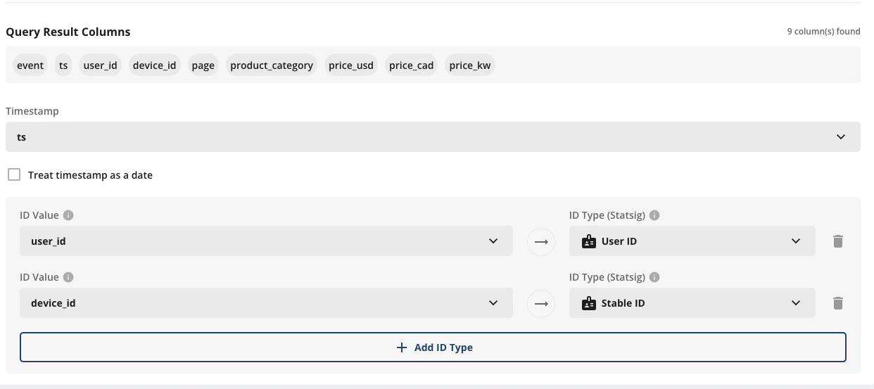 Interface for selecting timestamp and ID fields