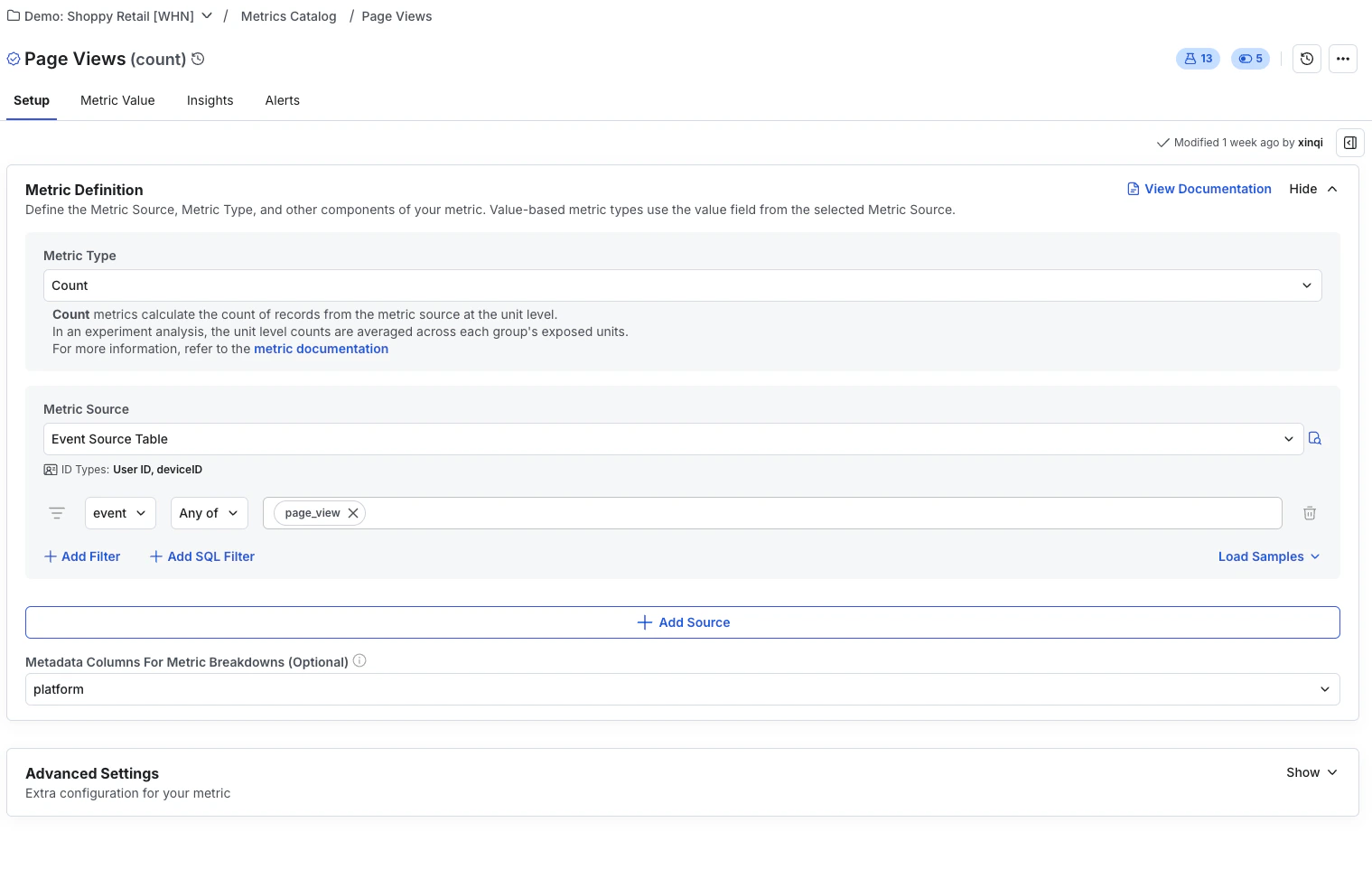 Metric creation flow with aggregation and filters