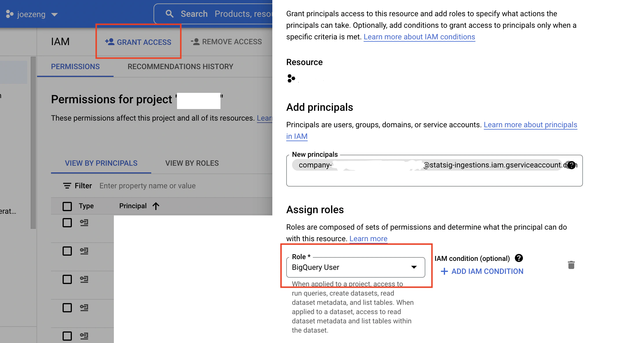 BigQuery IAM permissions configuration