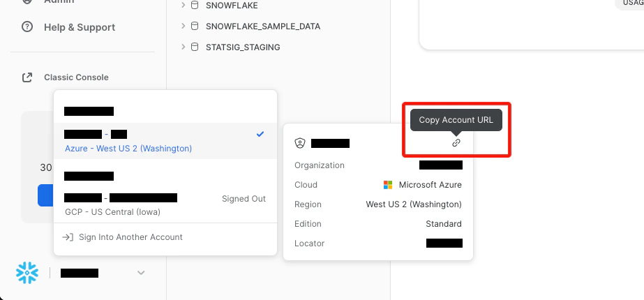 Snowflake console footer showing account identifier link