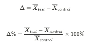 Equation for treatment effect delta between test and control