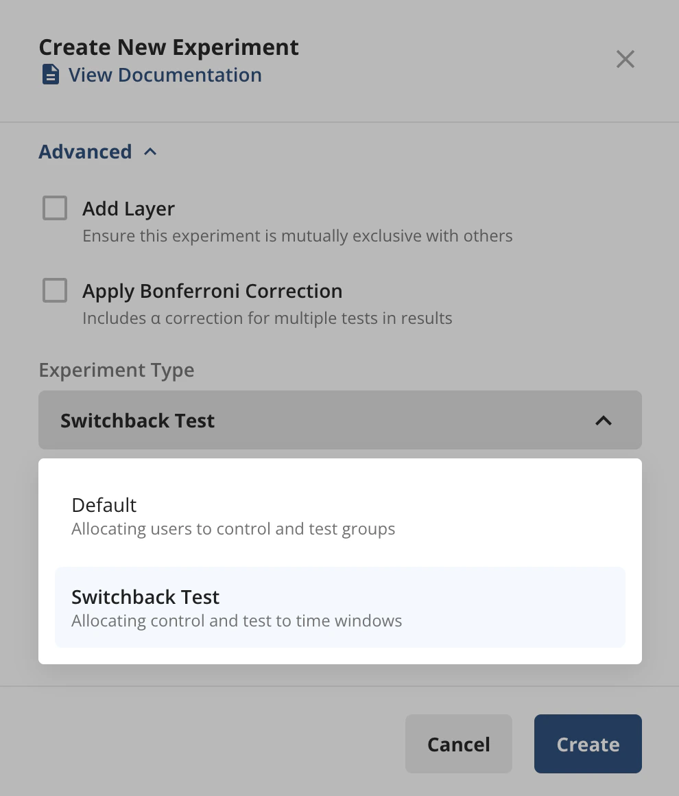 Experiment type menu selecting switchback test