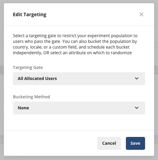 Switchback targeting configuration showing gate and bucketing options