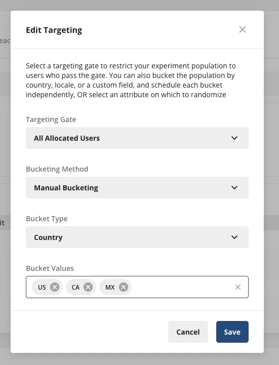 Buckets configuration table listing predefined regions