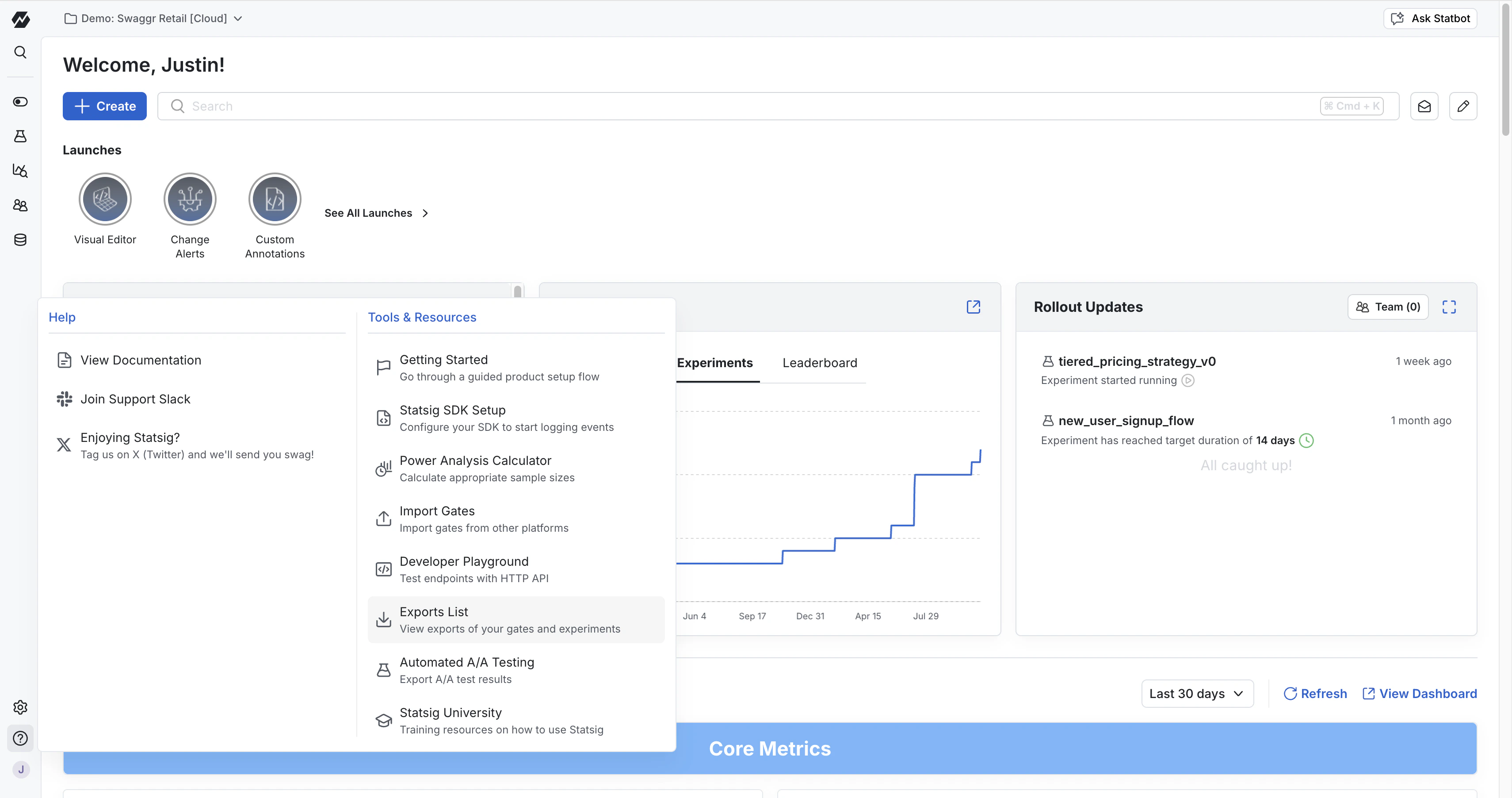 Statsig Help and Tools menu showing Exports List option