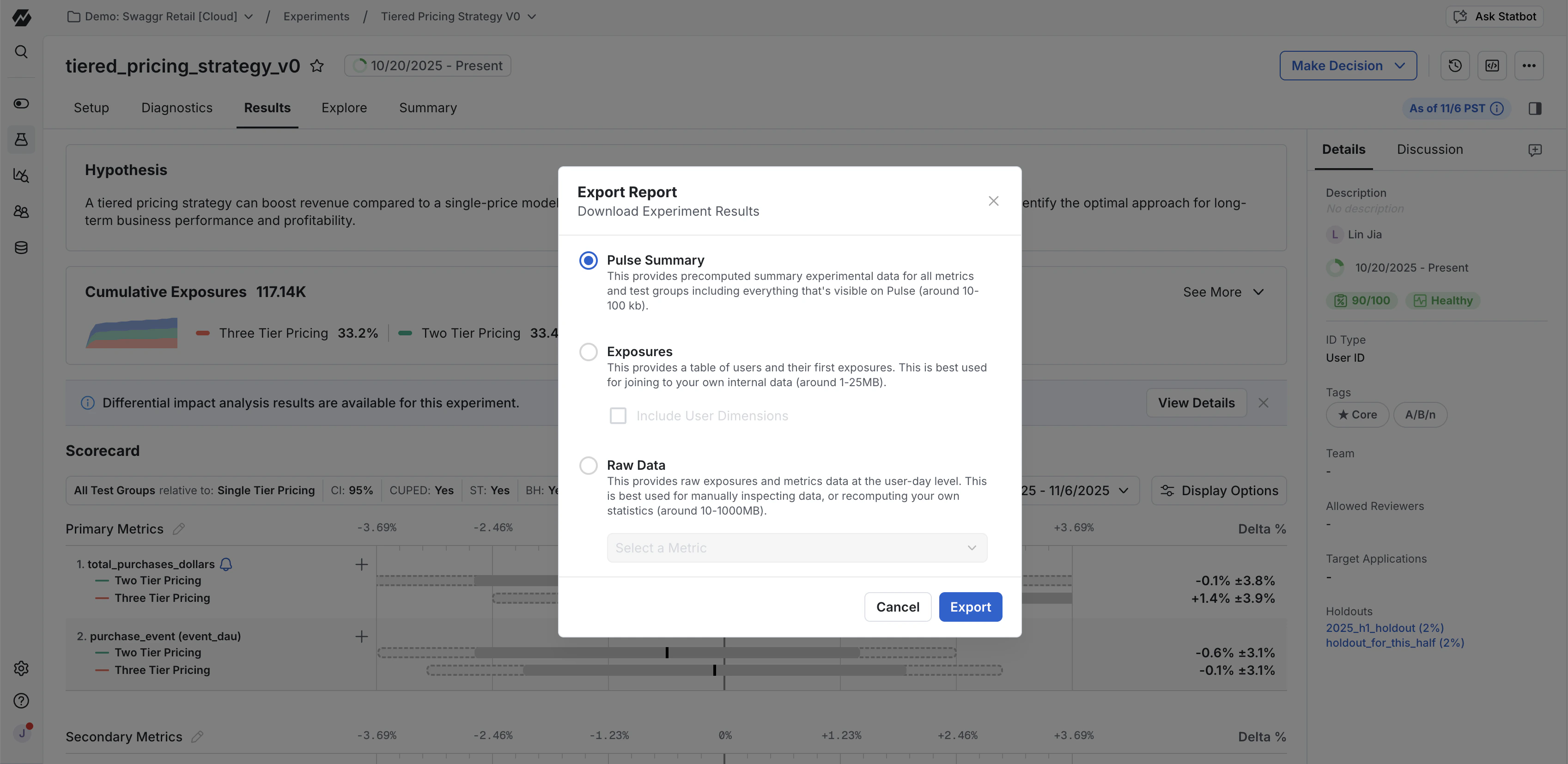 Pulse results export interface
