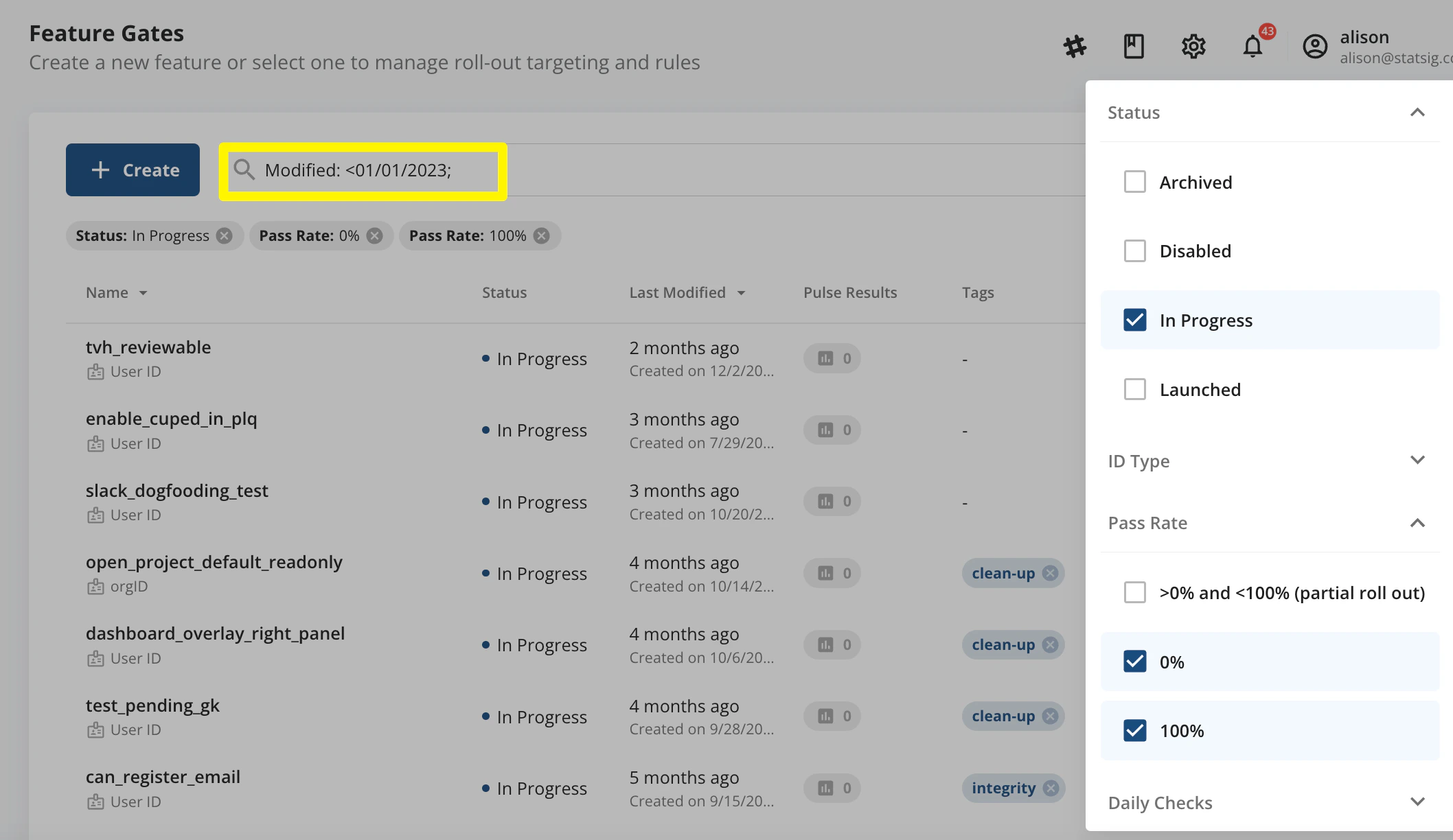 Feature gates catalog filter interface