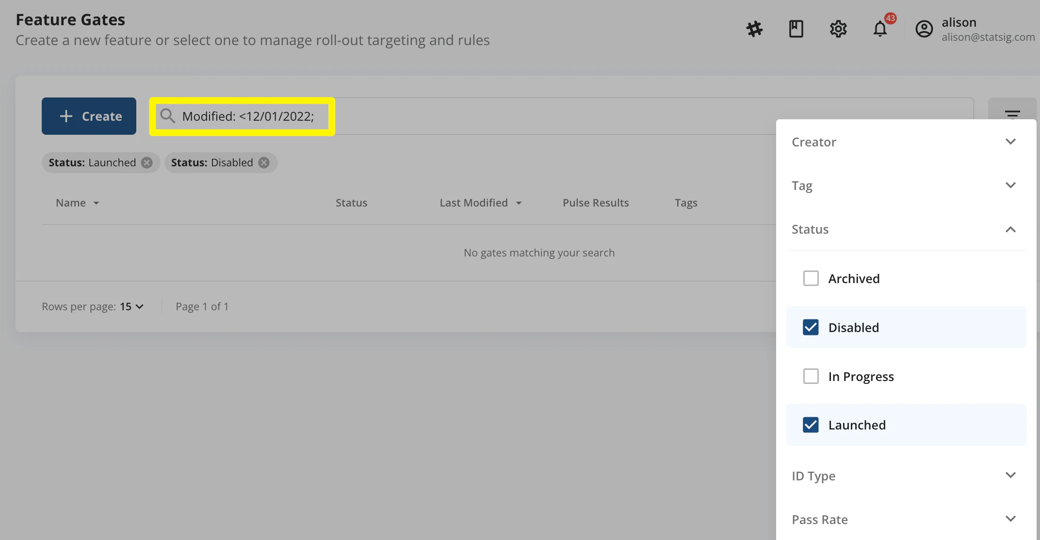 Feature gates catalog with launched and disabled filter
